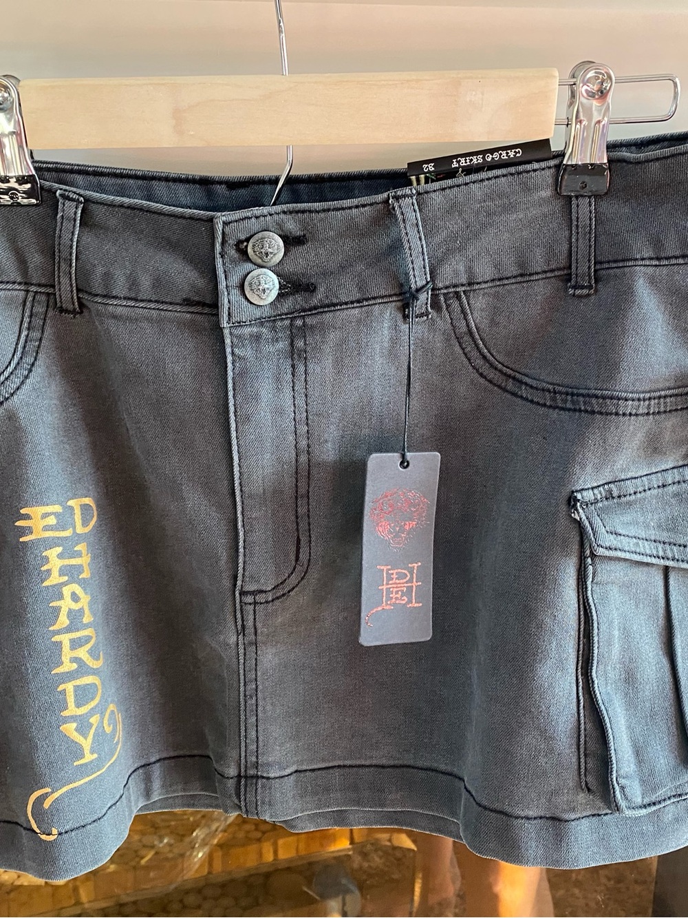 NWT Women’s ED Hardy  Chinese Dragon Design Y2K Hippi VTG Grey Cargo Mini Skirt